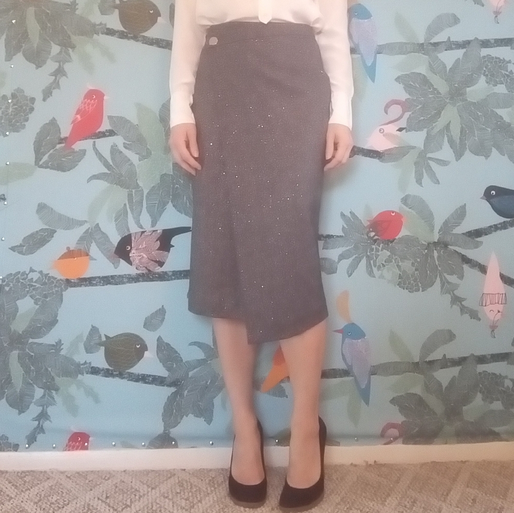 Asymmetrical, wool blend midi-pencil wrap skirt